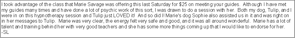 Text Box: I took advantage of the class that Marie Savage was offering this last Saturday for $25 on meeting your guides.  Although I have met my guides many times and have done a lot of psychic work of this sort, I was drawn to do a session with her.  Both my dog, Tulip, and I were in on this hypnotherapy session and Tulip just LOVED it!  And so did I! Marie's dog Sophie also assisted us in it and was right on in her messages to Tulip.  Marie was very clear, the energy felt very safe and good, and it was all around wonderful.  Marie has a lot of talent and training behind her with very good teachers and she has some more things coming up that I would like to endorse for her. -SL