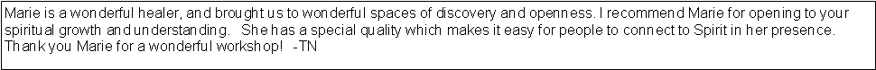 Text Box: Marie is a wonderful healer, and brought us to wonderful spaces of discovery and openness. I recommend Marie for opening to your spiritual growth and understanding.￼ She has a special quality which makes it easy for people to connect to Spirit in her presence. Thank you Marie for a wonderful workshop!   -TN